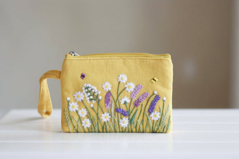 Hand Embroidered Coin Purse Wristlet - Floral Yellow