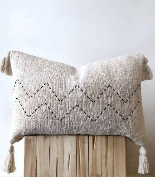 Boho Cushion Cover / Throw Pillow Case | Cream ZigZag Tassel-Bali Harvest-RAUHA Crafts