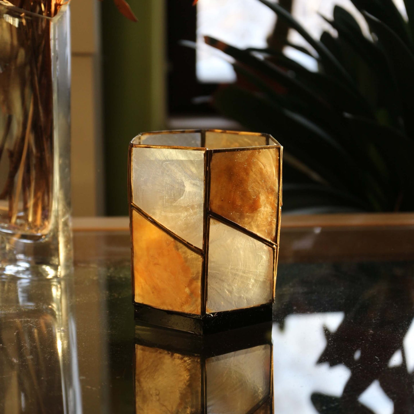 Support de bougie chauffe-plat en capiz | Géométrique - Hexagonal