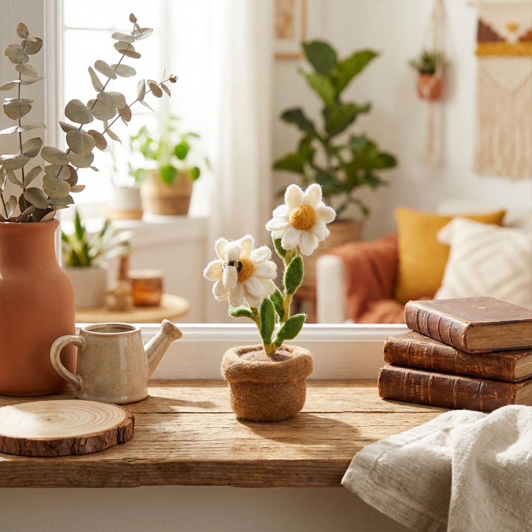 Decorazione floreale primaverile "Dazy Daisy" in feltro fatta a mano, a stelo