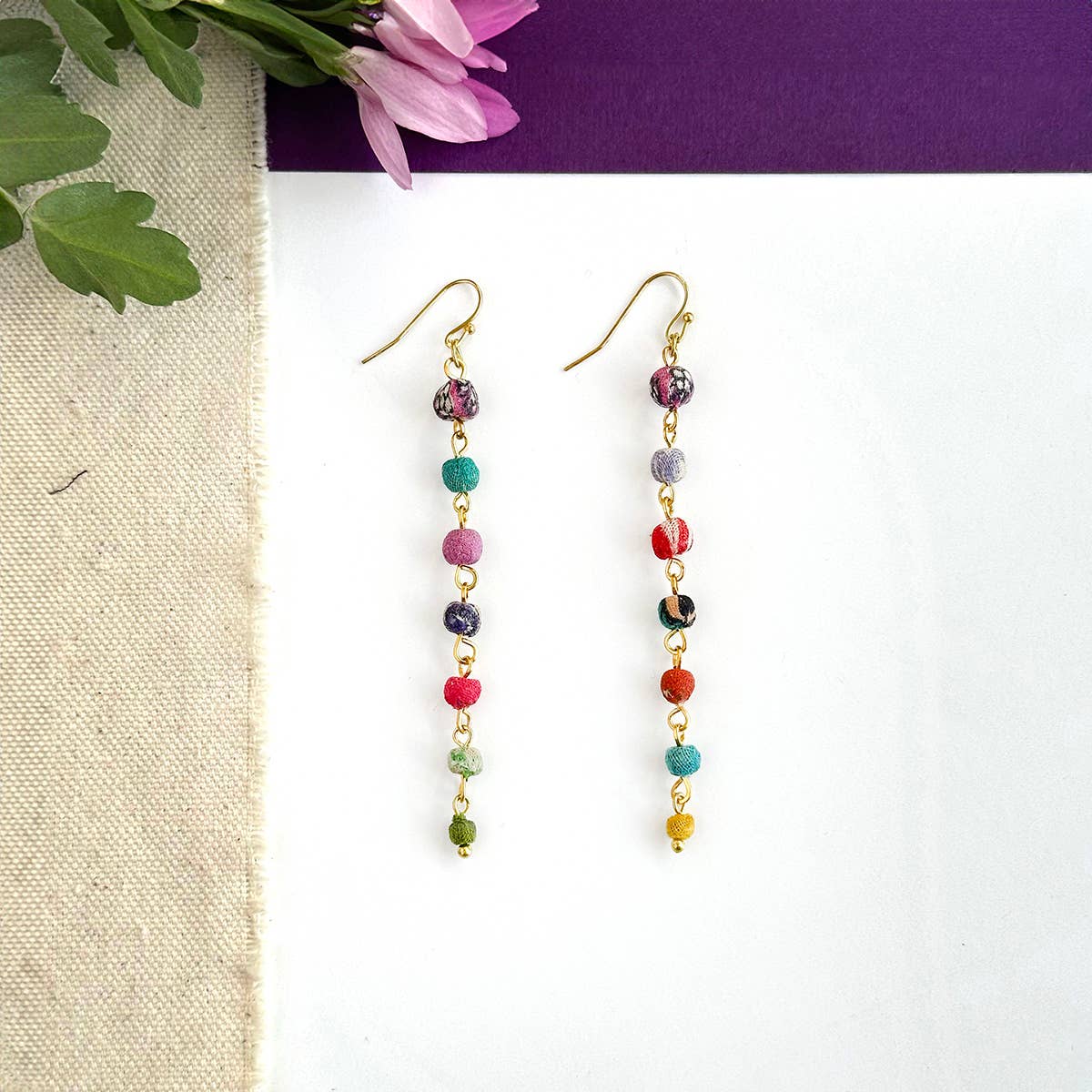 Handmade Kantha Milieu Linear Earrings by WorldFinds