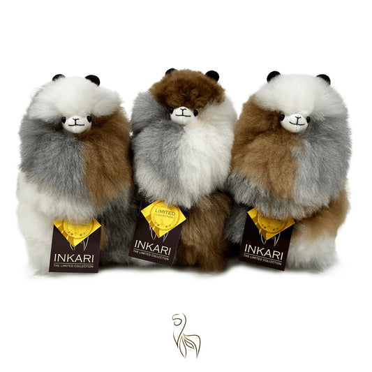 Light Grey Calico INKARI Limited Edition alpaca stuffed animal — handmade alpaca wool plush from Peru, hypoallergenic and cruelty-free