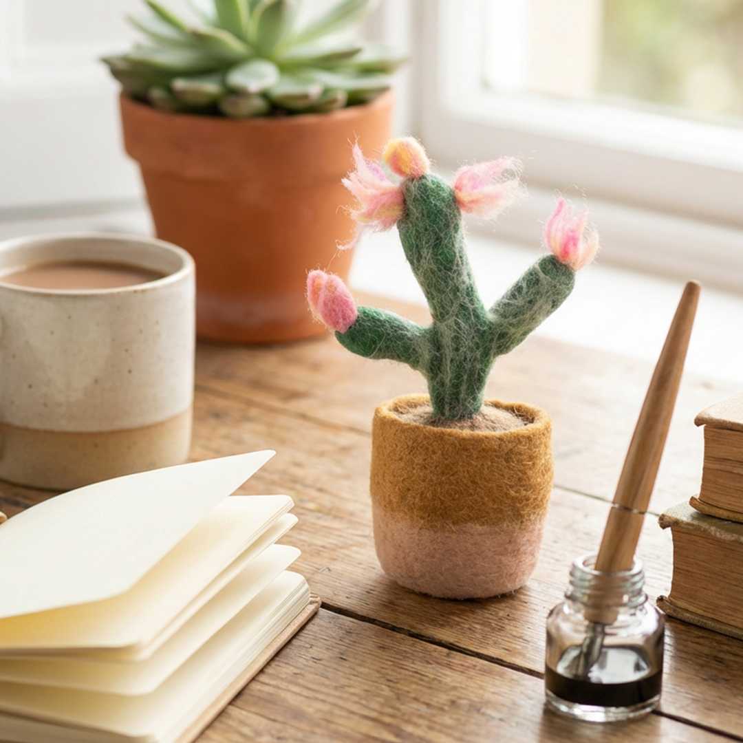 Rankų darbo veltiniai „Happy“ kambariniai augalai — dirbtinis kaktusas