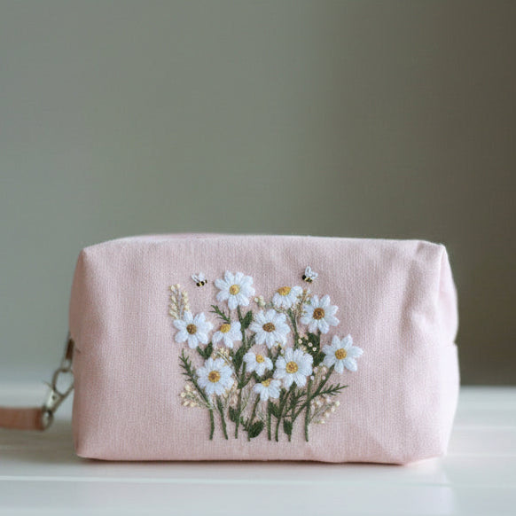 Hand Embroidered Makeup Bag - Floral Pink
