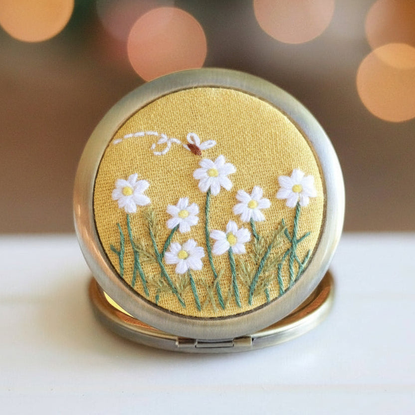 Floral Embroidered Compact Mirror - Floral Yellow