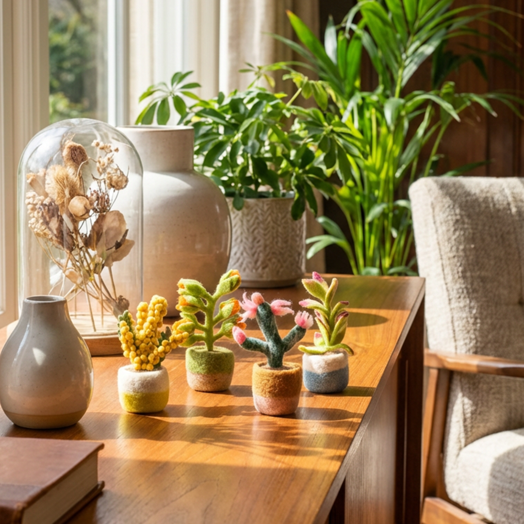 Rankų darbo veltiniai „Happy“ kambariniai augalai — dirbtinis kaktusas