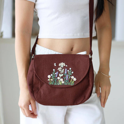 Hand Embroidered Crossbody Bag - Brown Wildflower