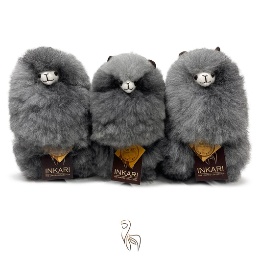 Silver Wolf INKARI Limited Edition alpaca stuffed animal — handmade alpaca wool plush from Peru, hypoallergenic and cruelty-free