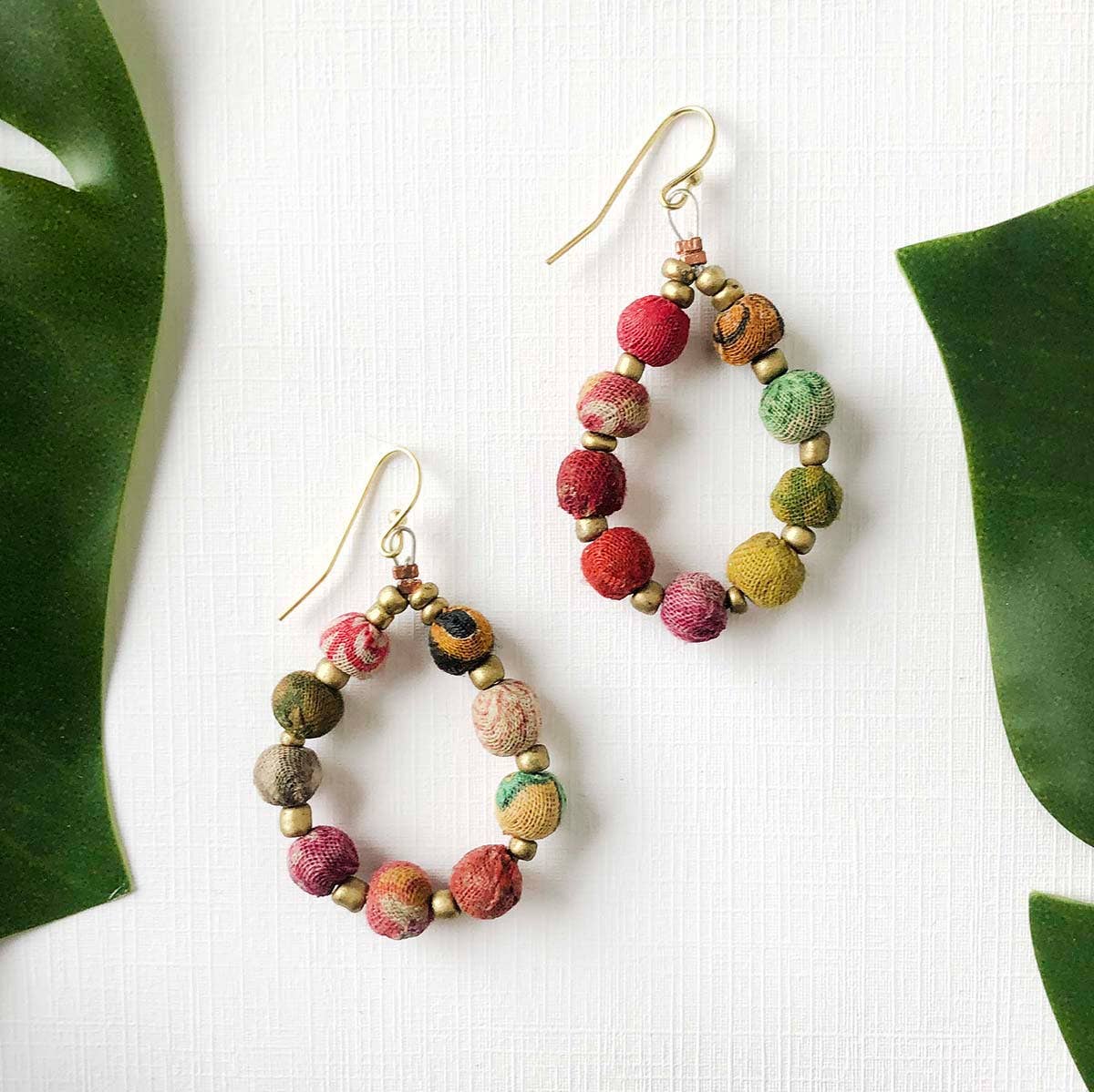 Handmade Kantha Beaded Teardrop Earrings by WorldFinds