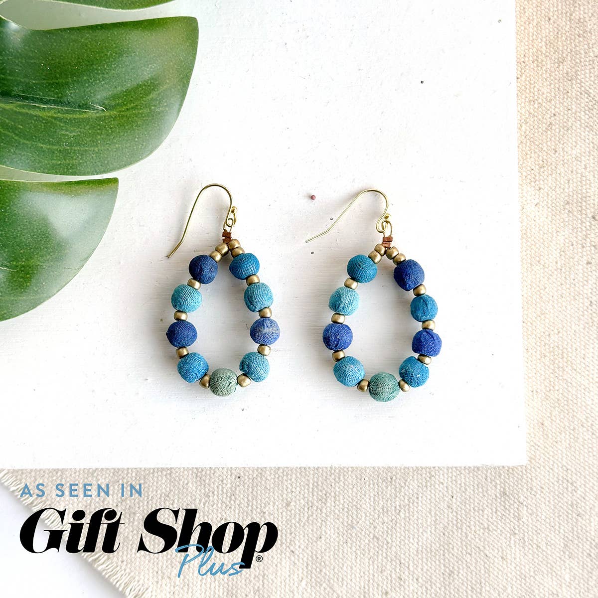 Handmade Kantha Azure Beaded Teardrop Earrings by WorldFinds