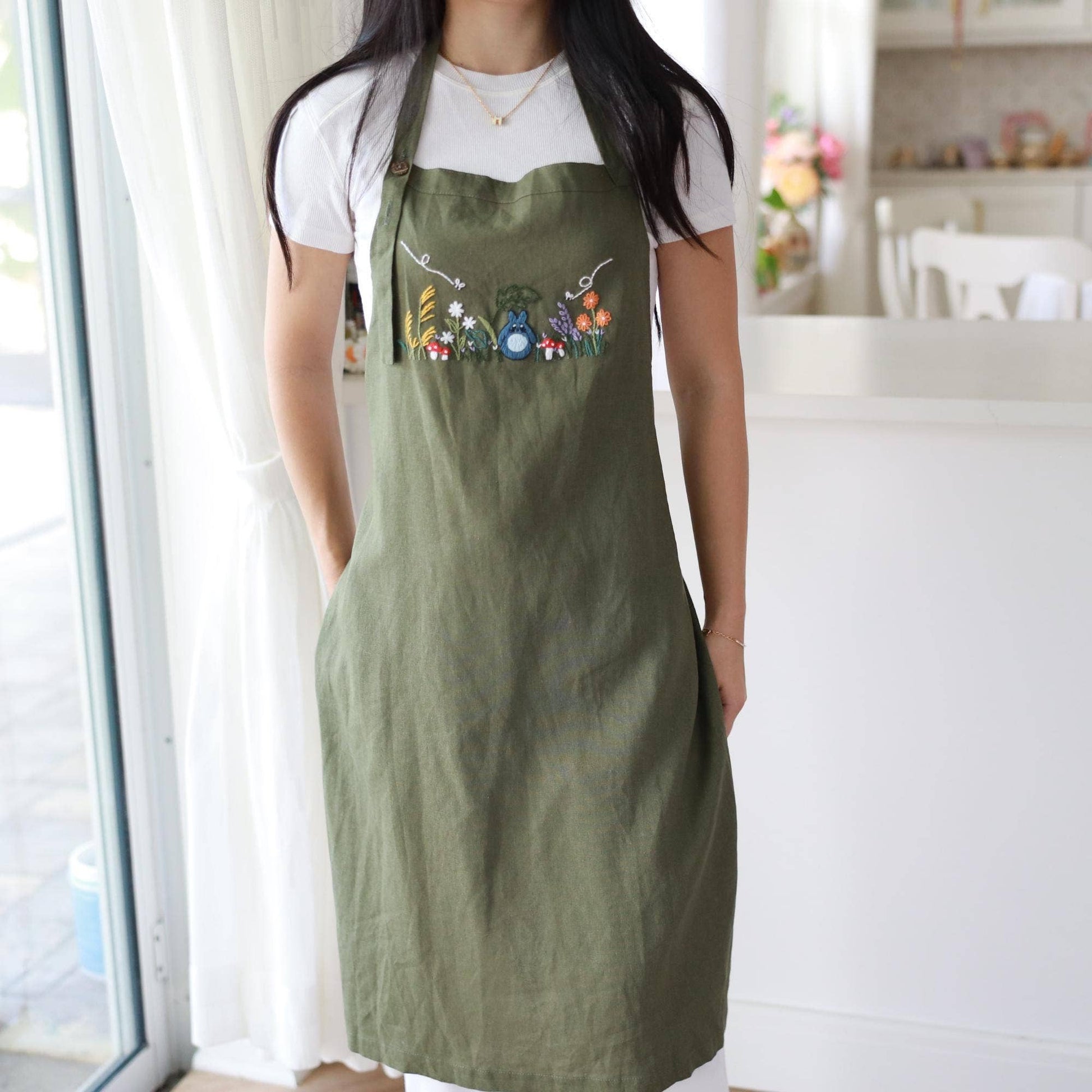 Hand Embroidered Linen Apron | Forest Garden by Finer Embroidery
