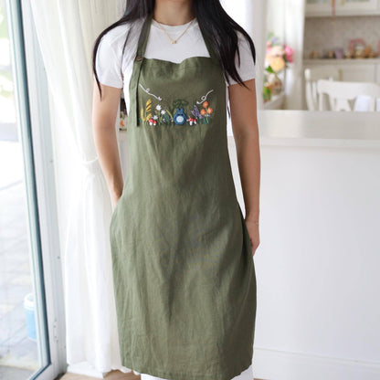 Hand Embroidered Linen Apron | Forest Garden by Finer Embroidery
