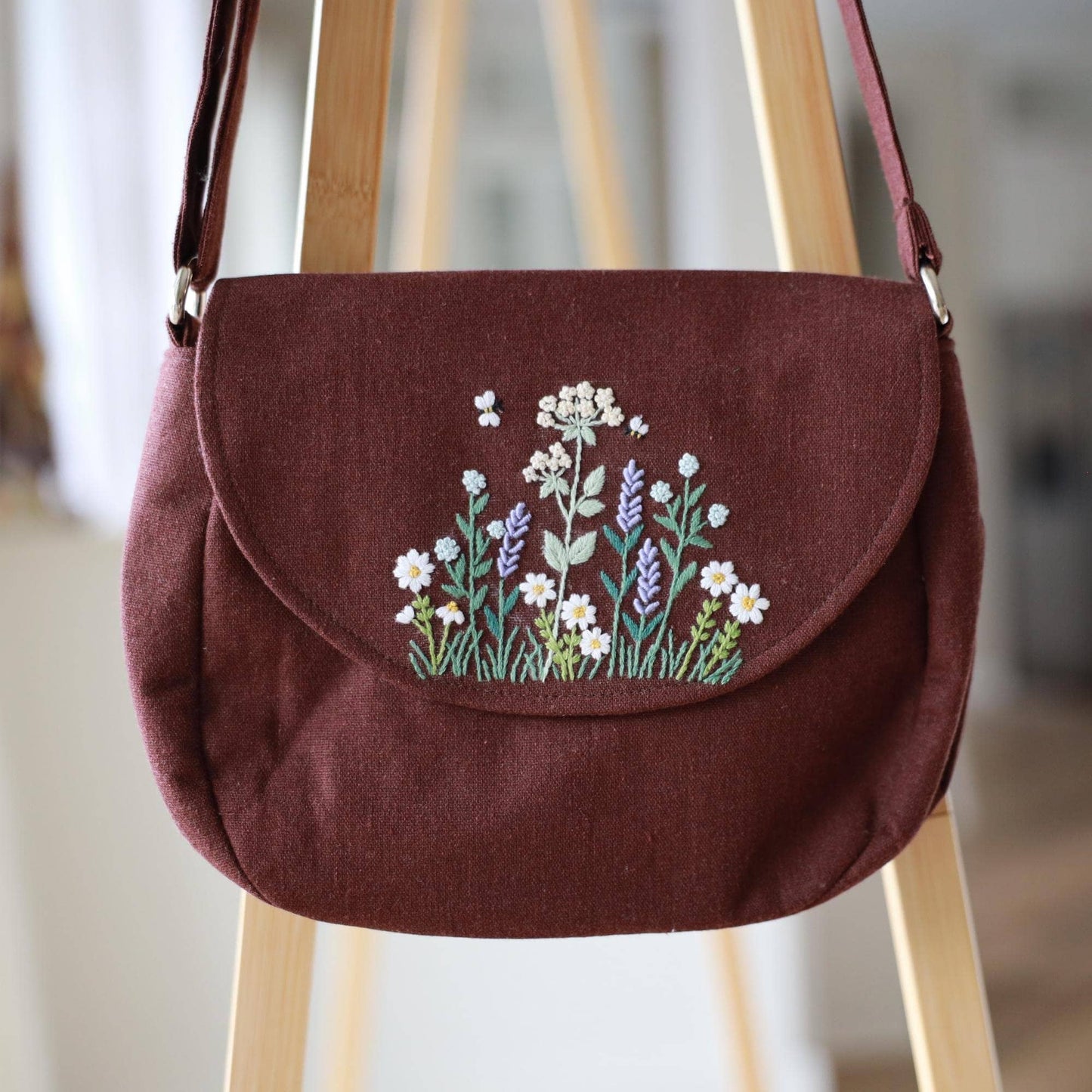 Hand Embroidered Crossbody Bag | Brown Wildflower by Finer Embroidery