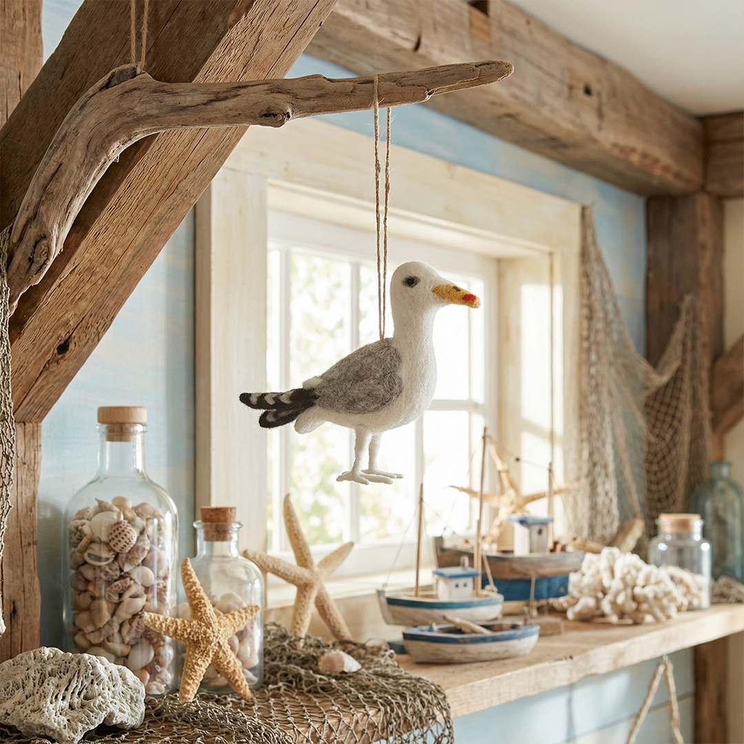 Handgemaakte zeemeeuwhanger van naaldvilt