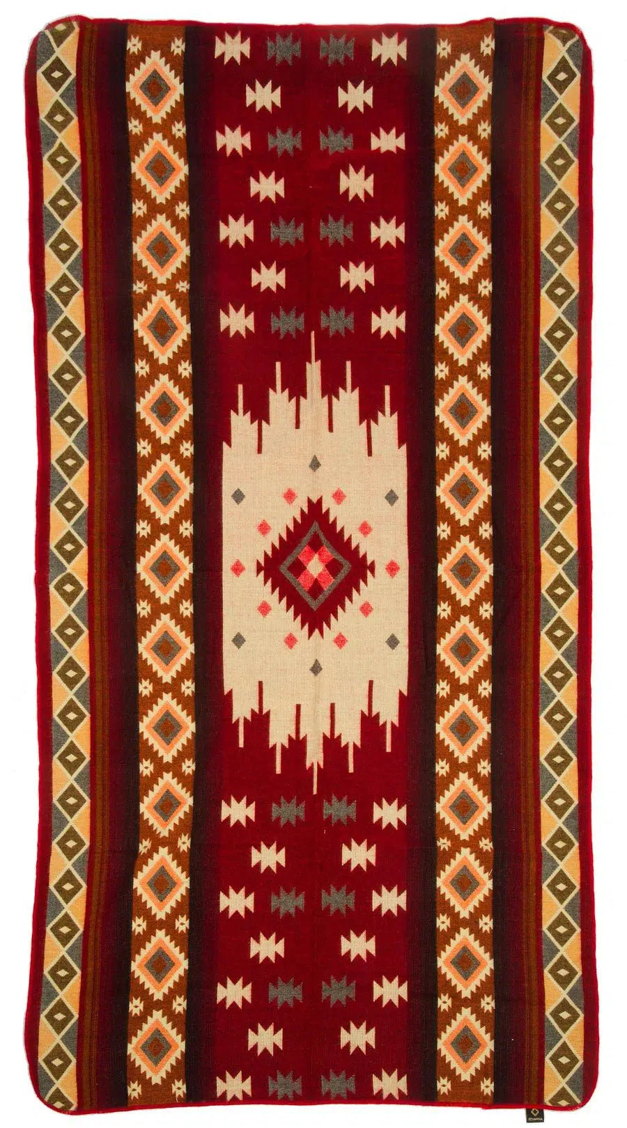 Luxury Alpaca Native Mini Blanket in rich red with geometric patterns and native symbols. Handwoven Fair Trade throw featuring diamond motifs, stripes, and a central medallion design in warm earth tones. Soft, versatile textile showcasing traditional Ecuadorian craftsmanship.