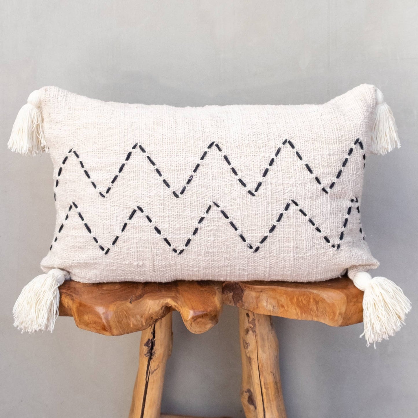 Boho Cushion Cover / Throw Pillow Case | Cream ZigZag Tassel-Bali Harvest-RAUHA Crafts