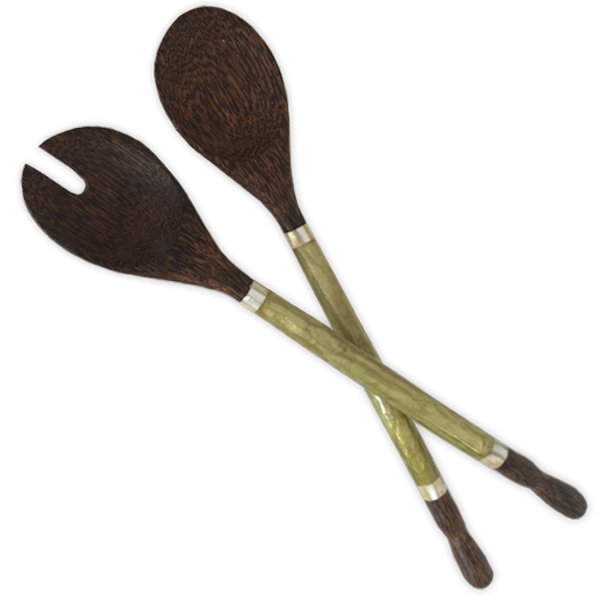 Handcrafted Capiz & Palm Wood Salad Servers with olive-colored handles and dark brown spoon heads, featuring elegant inlaid shell details. Long, sustainable utensils ideal for special family meals and hosting occasions.