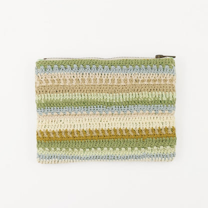 Handmade crochet clutch bag in warm light mix colors, featuring stripes of green, blue, beige, and yellow cotton yarn. Slim profile with zipper closure, suitable for holding essentials or as an iPad mini sleeve.