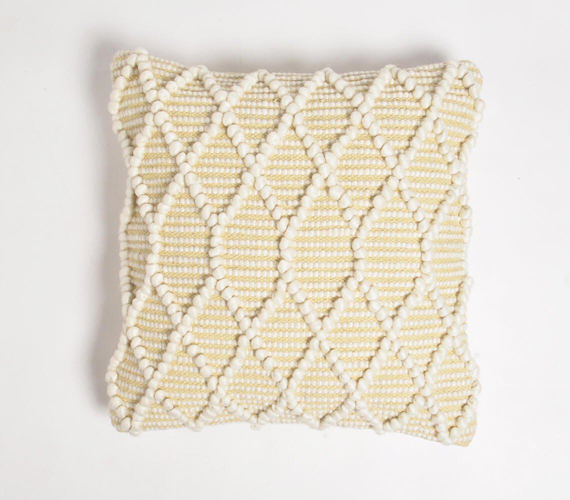 Handwoven cotton cushion cover with diamond-textured pattern in cream and pale yellow, featuring a sophisticated geometric design and subtle texture, perfect for contemporary home decor