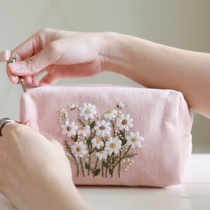 Hand Embroidered Makeup Bag - Floral Pink