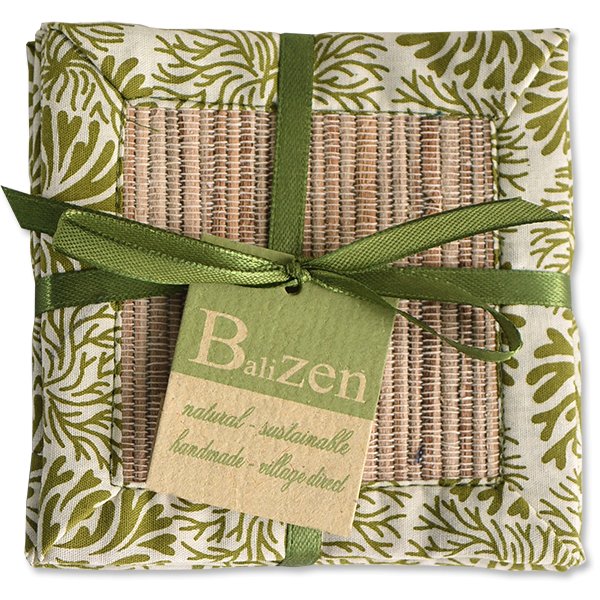 Fabric Trimmed, Water Hyacinth Coasters, Set of 4: Tumbleweed Avocado-Balizen-RAUHA Crafts