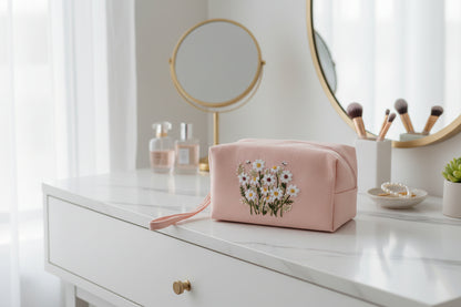 Pink pouch with floral embroidery on a white background