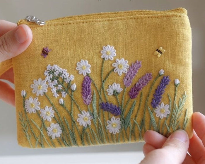 Hand Embroidered Coin Purse Wristlet - Floral Yellow