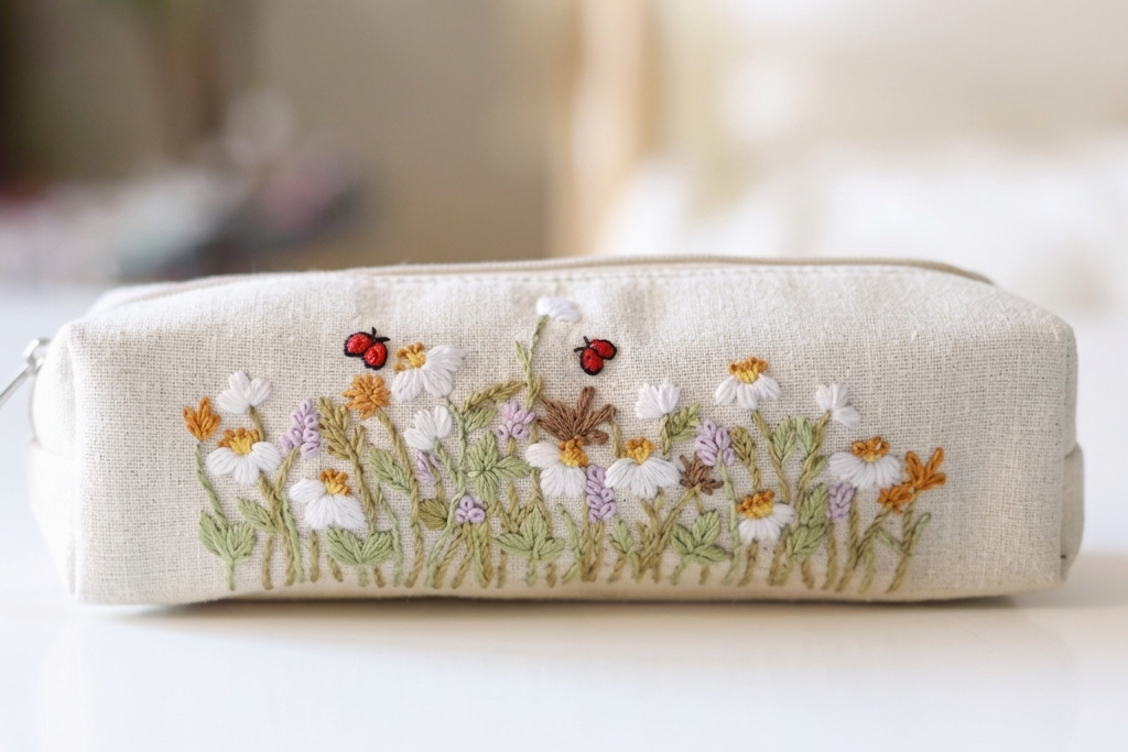 Hand Embroidered Pencil Case - Floral Natural