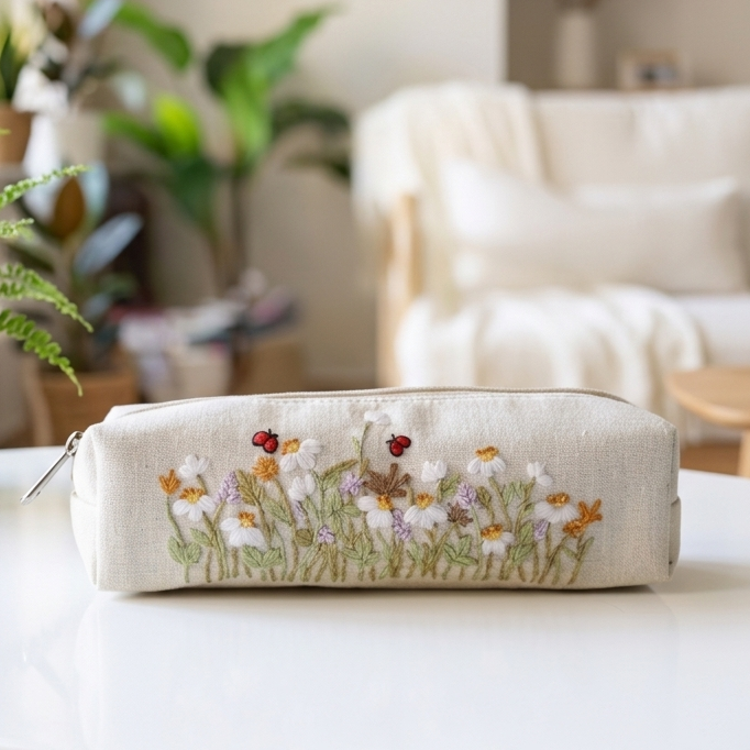 Hand Embroidered Pencil Case - Floral Natural