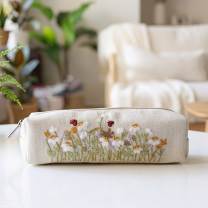Hand Embroidered Pencil Case - Floral Natural