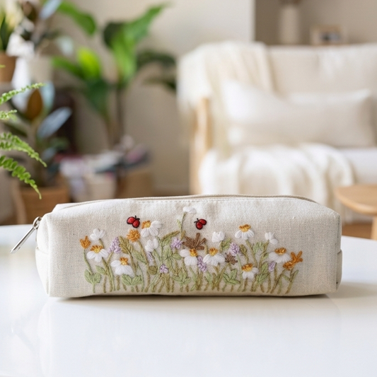 Hand Embroidered Pencil Case - Floral Natural