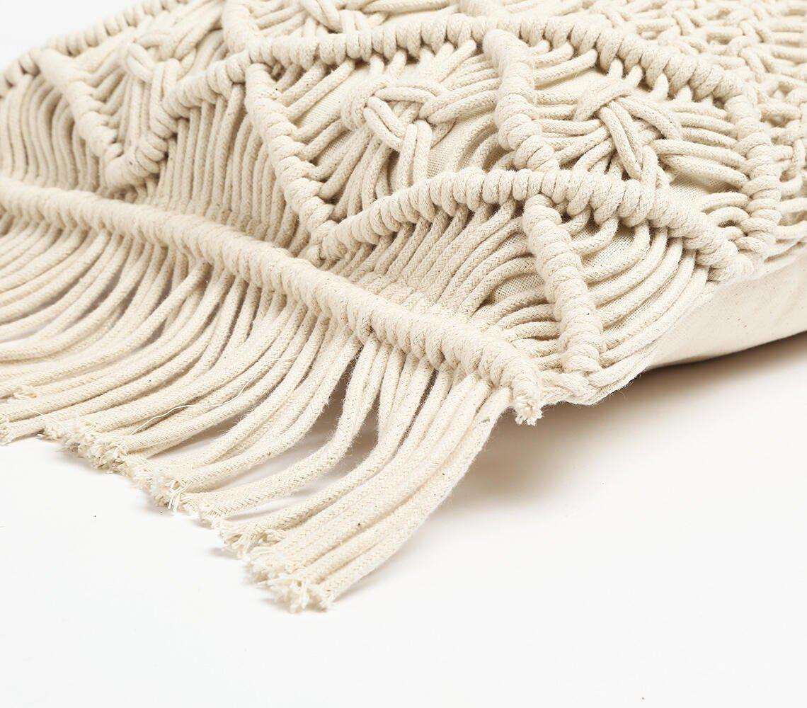 Macrame Fringed Rectangular Cushion Cover | Knot-RAUHA Crafts-RAUHA Crafts