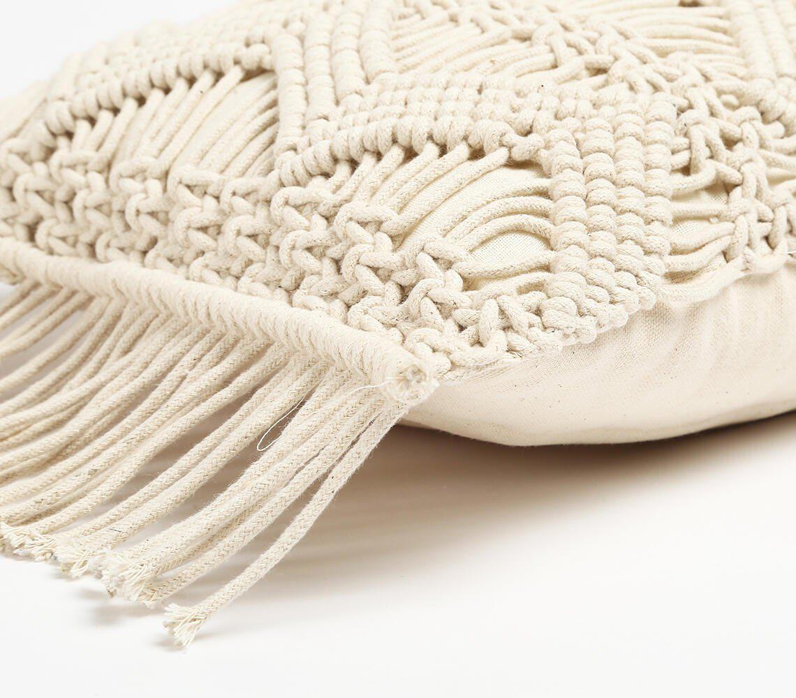 Macrame Fringed Rectangular Cushion Cover | ZigZag-RAUHA Crafts-RAUHA Crafts