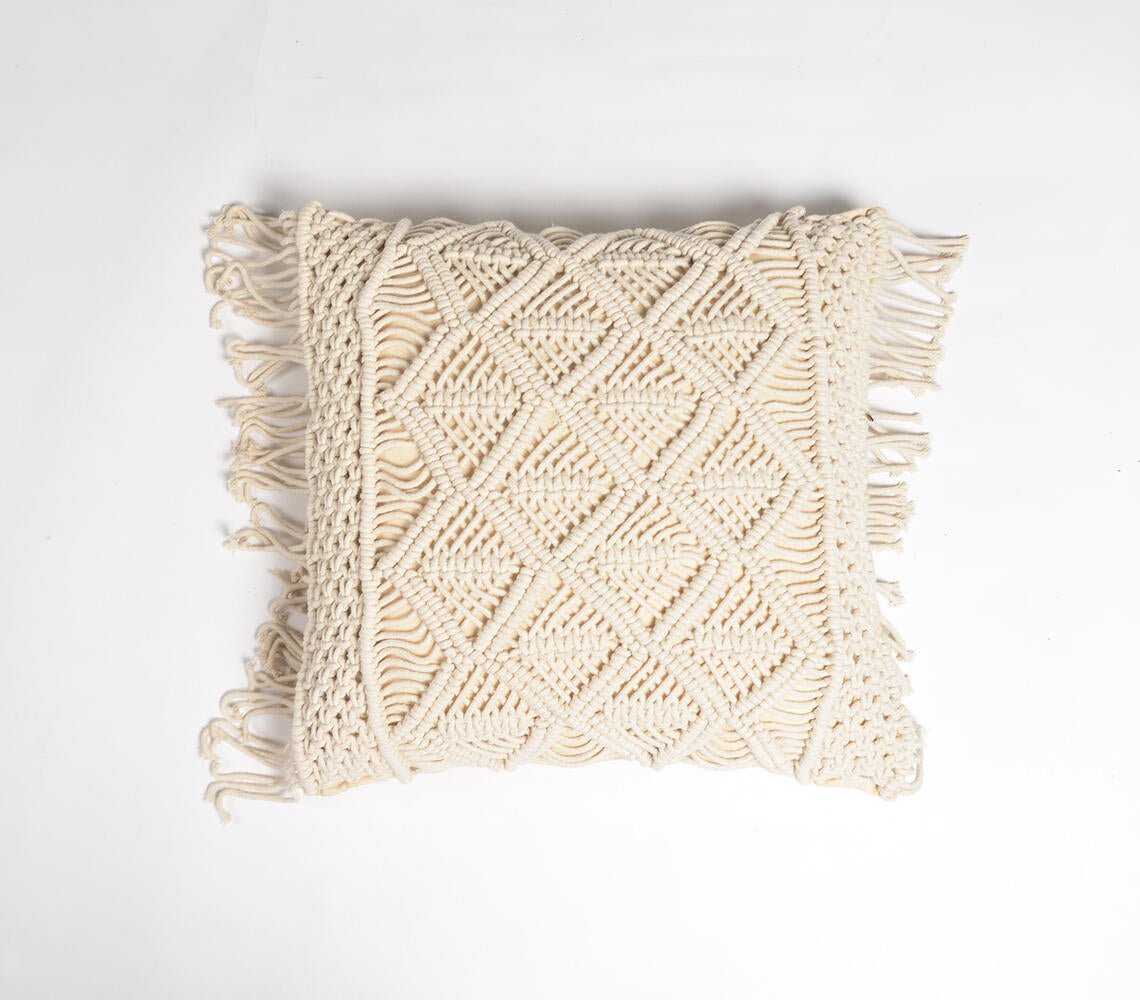 Macrame Fringed Square Cushion Cover | Diamond Knot-RAUHA Crafts-RAUHA Crafts