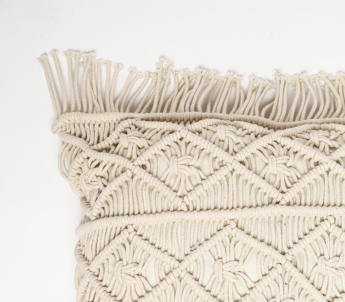 Macrame Fringed Square Cushion Cover | Diamond Line-RAUHA Crafts-RAUHA Crafts