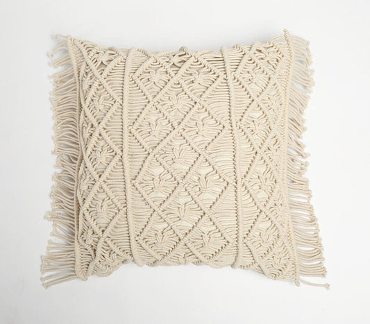 Macrame Fringed Square Cushion Cover | Diamond Line-RAUHA Crafts-RAUHA Crafts