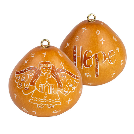 Hand-carved mini gourd ornaments featuring an angel design and 'Hope' text, crafted by Peruvian artisans using traditional techniques. Natural orange color with white etched details, showcasing eco-friendly and fair trade craftsmanship.