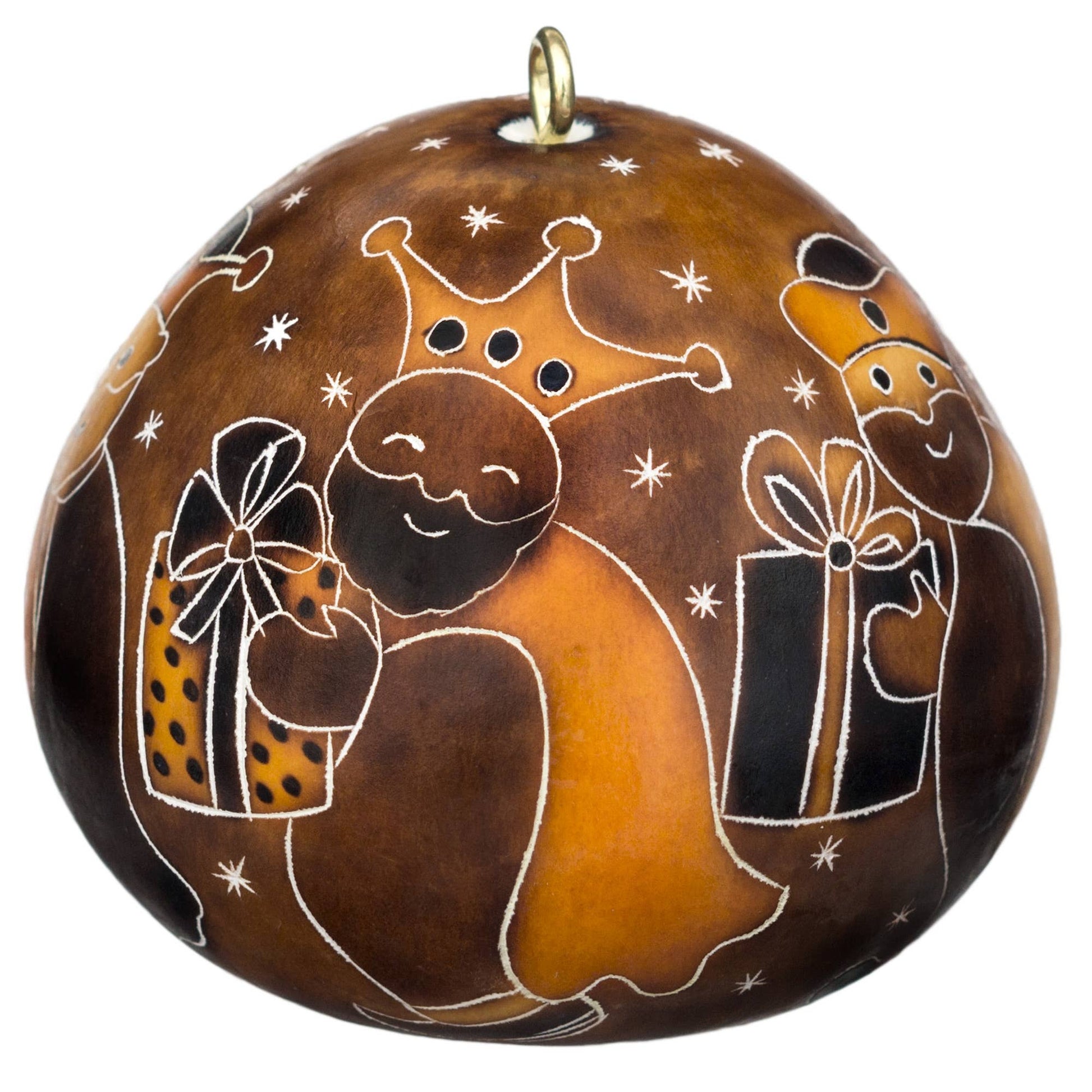 Handcrafted Peruvian gourd ornament featuring Three Kings with gifts, intricately carved and burned with starry night sky design, perfect for Christmas decorations and eco-friendly holiday gifting