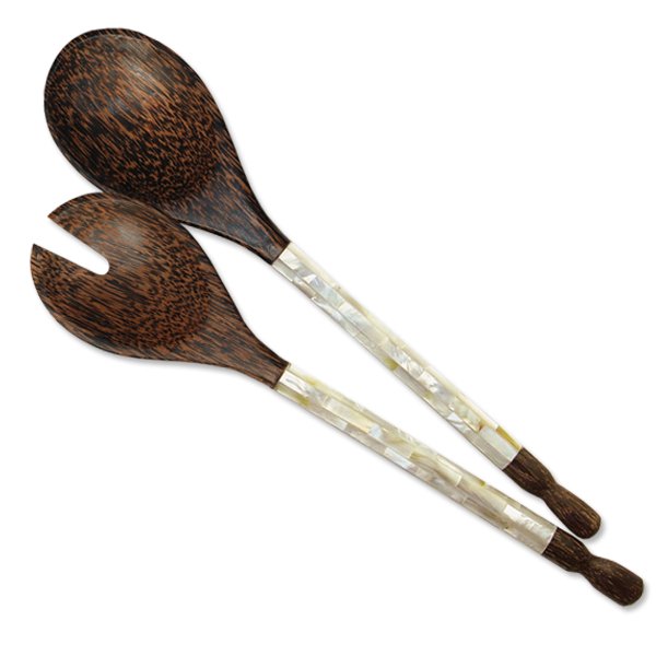 Mother of Pearl & Palm Wood Servers | Natural-Salad Server-Balizen-RAUHA Crafts