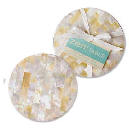 Handcrafted mother of pearl coasters set of 4, featuring iridescent mosaic patterns in natural colors. Circular shape with ribbon and Zen Table brand tag, showcasing elegant design for stylish home decor.