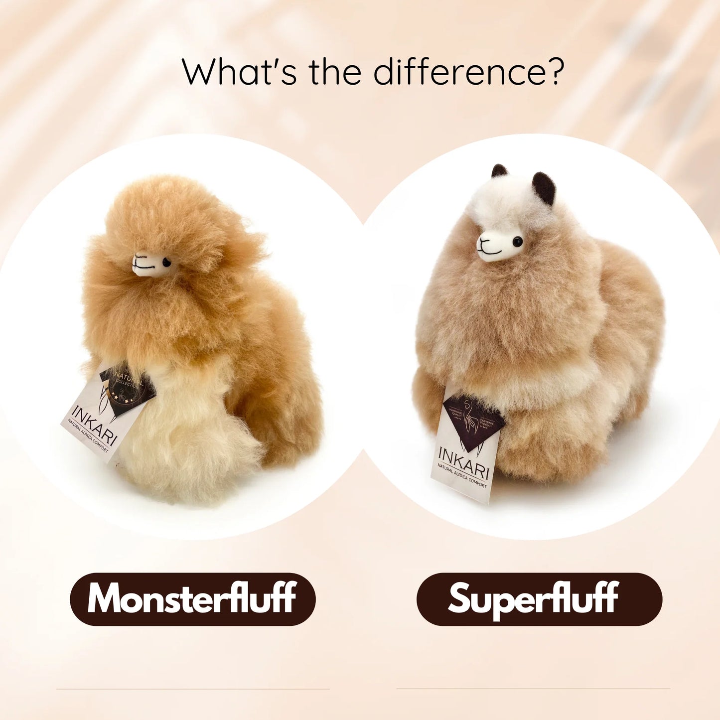 Sandstone INKARI Monsterfluff alpaca stuffed animal — side view showing fluffy mane and natural wool detail