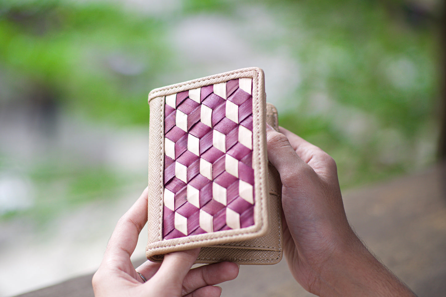 Palm Leaf Card Case - Tan/Maroon-Du Anyam-RAUHA Crafts