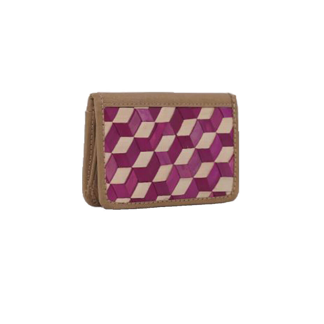 Palm Leaf Card Case with tan faux-leather frame and maroon geometric pattern, featuring multiple pockets for organization. Handcrafted from Palmyra leaves, showcasing a stylish two-tone design perfect for everyday use.