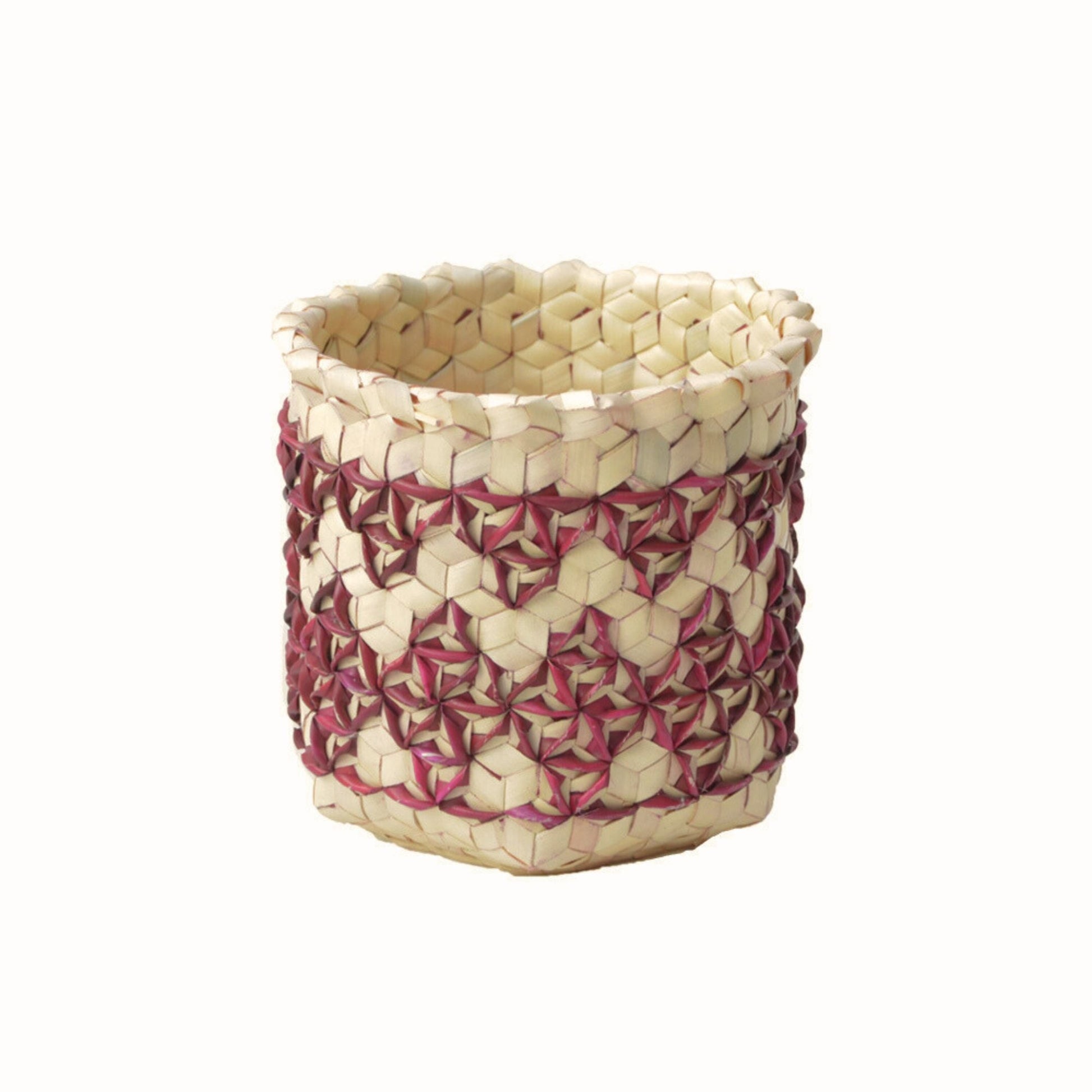 Handwoven palm leaf storage basket with intricate maroon hexagon pattern, showcasing traditional Indonesian craftsmanship for stylish home organization and decor