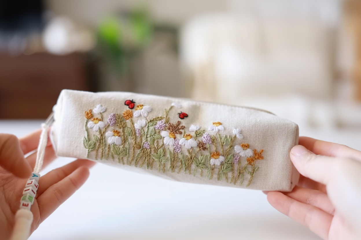 Hand Embroidered Pencil Case - Floral Natural
