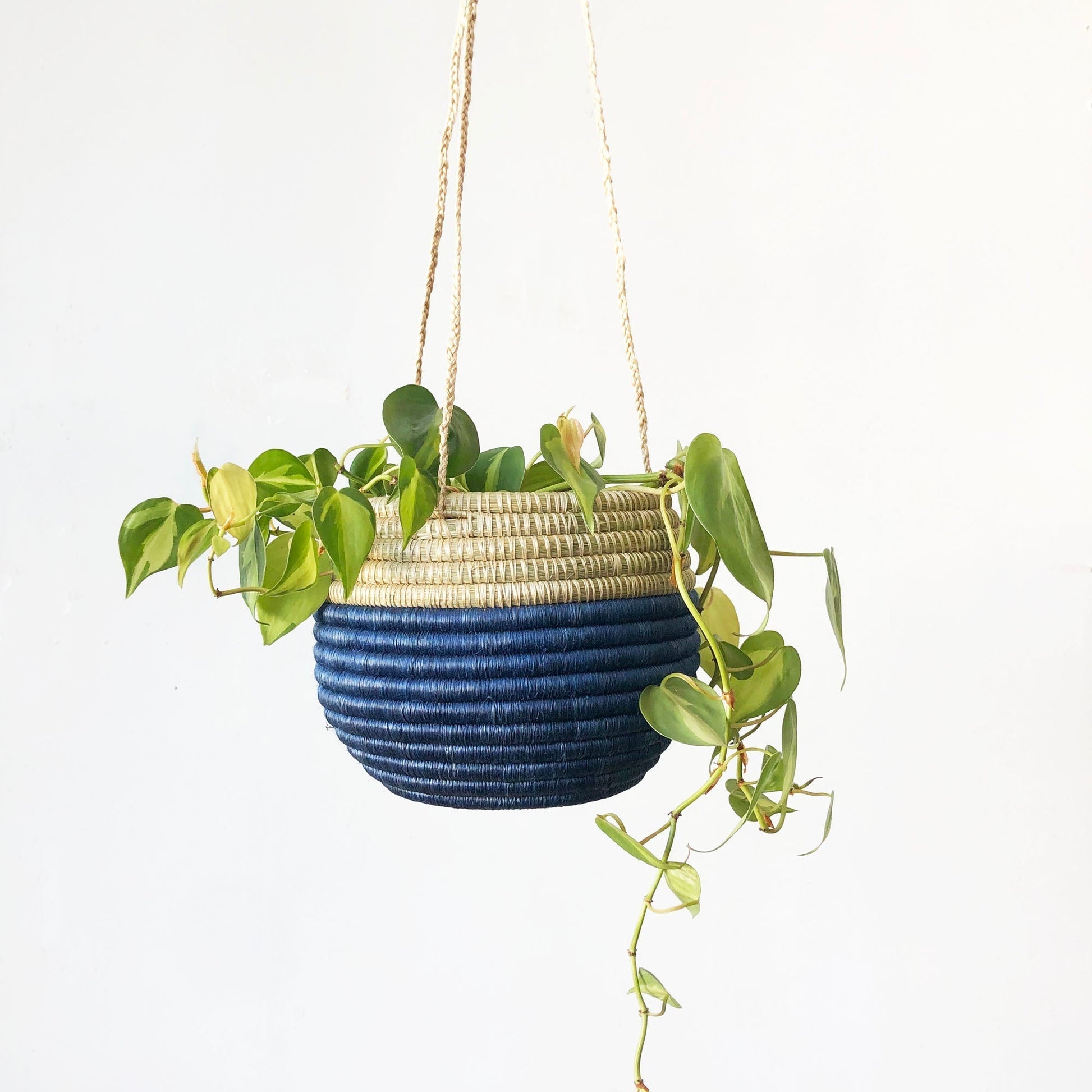 Sisal & Sweetgrass Hanging Woven Planter | Blue/Natural-Amsha-RAUHA Crafts