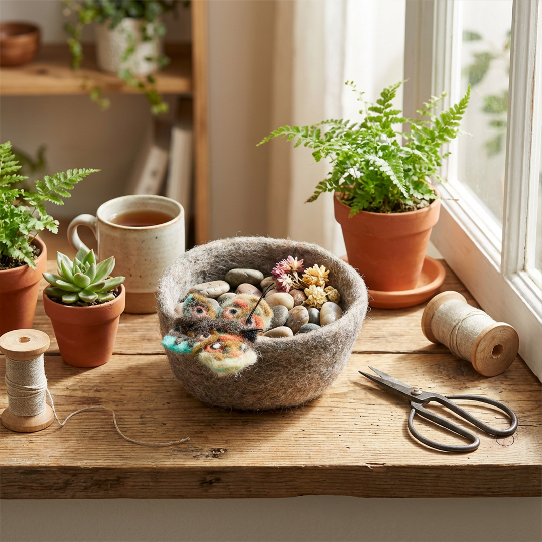 Ręcznie wykonany filcowy talerzyk na drobiazgi z ogrodowymi robaczkami — dekoracja do domu