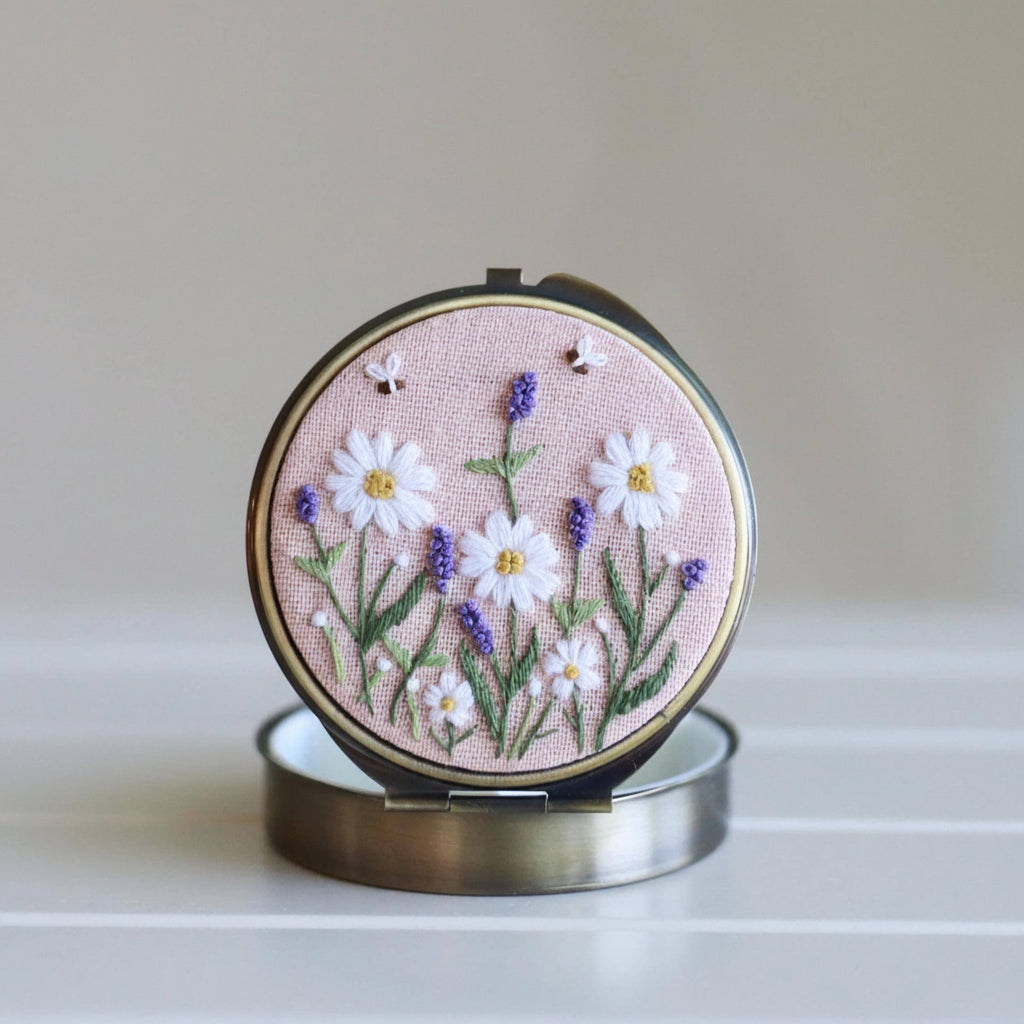 Floral Embroidered Jewelry Box with Mirror - Floral Pink