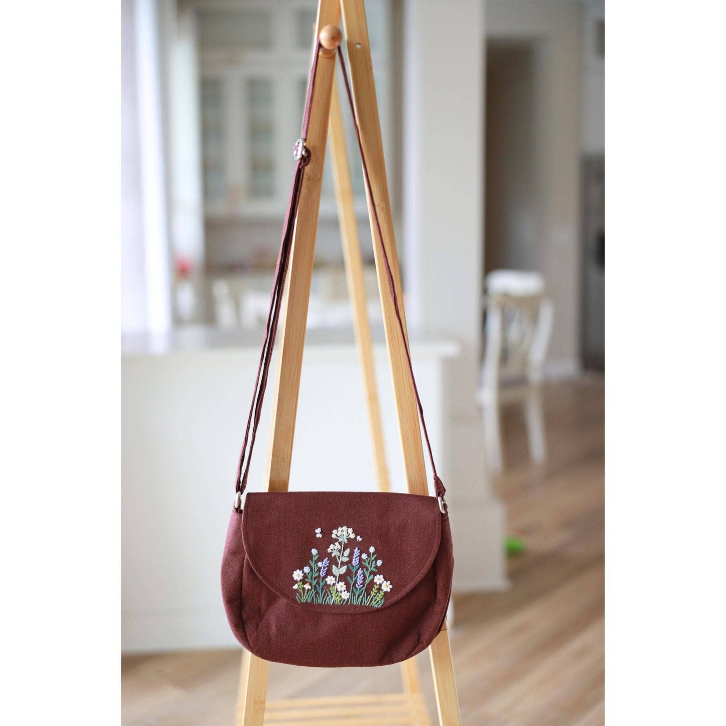 Hand Embroidered Crossbody Bag - Brown Wildflower