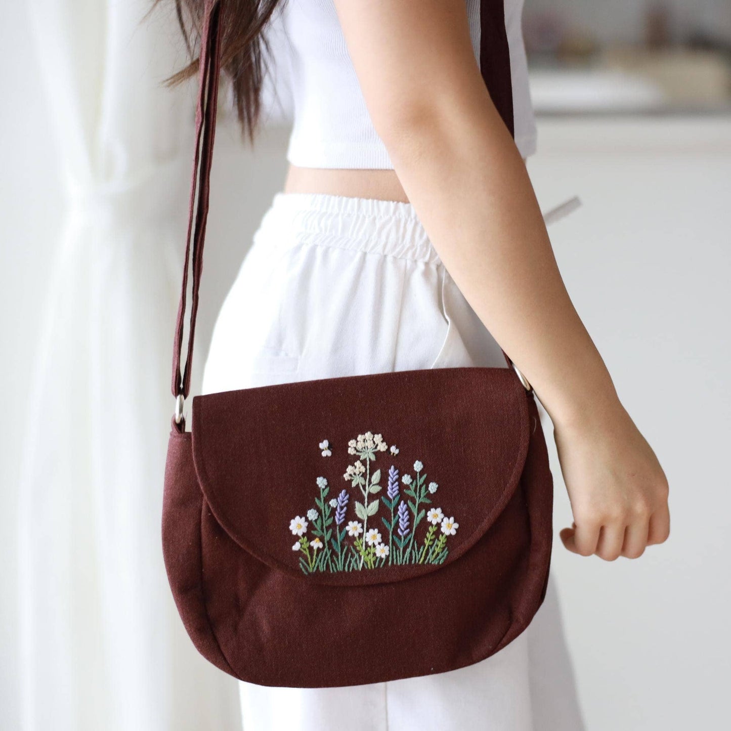 Hand Embroidered Crossbody Bag - Brown Wildflower